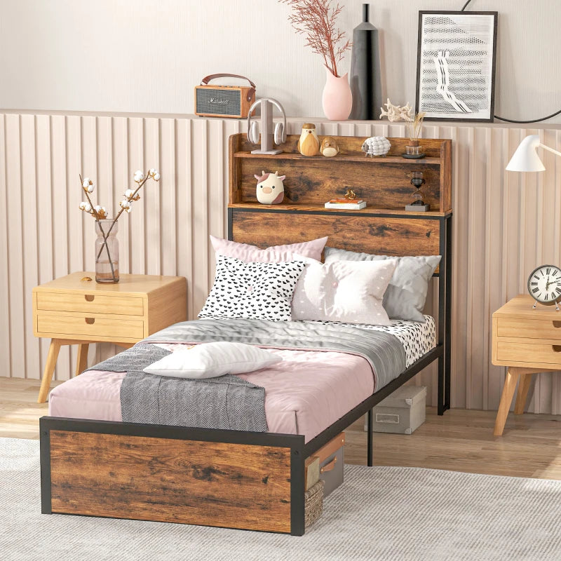 Industrial Single Bed Frame 3.1FT Steel Base with Storage Headboard & Footboard, Slatted Support, Rustic Brown 95x209cm