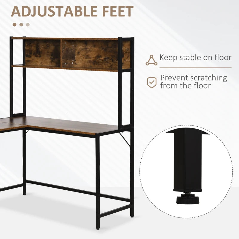 Industrial L-Shaped Desk with Bookshelf - Corner Computer Writing Table, Steel Frame, 140x125cm, Brown for Home Office & Study
