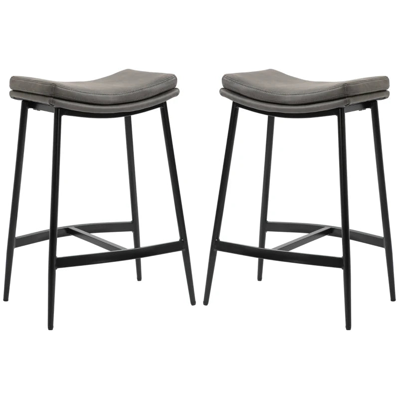 Set of 2 Grey Microfibre Upholstered Bar Stools - Industrial Curved Seat Design with Steel Frame for Kitchen & Dining Room