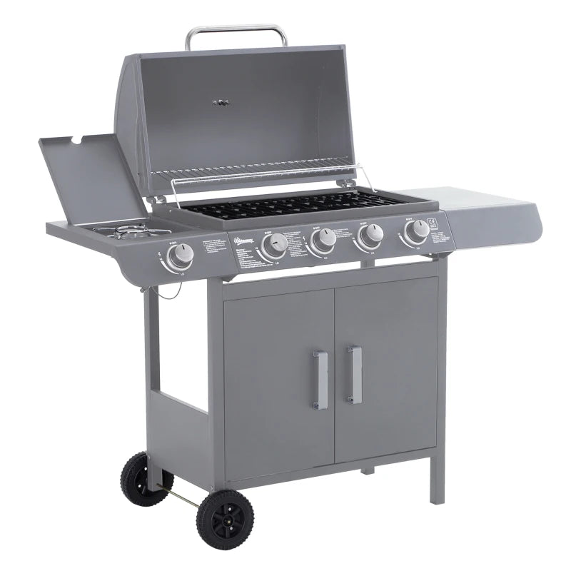 4+1 Burner Gas BBQ Grill - Grey Outdoor Barbecue Trolley with Wheels, Warming Rack, Side Shelves, Cabinet, Thermometer - 125cm x 51cm x 100cm for Garden, Party, Camping