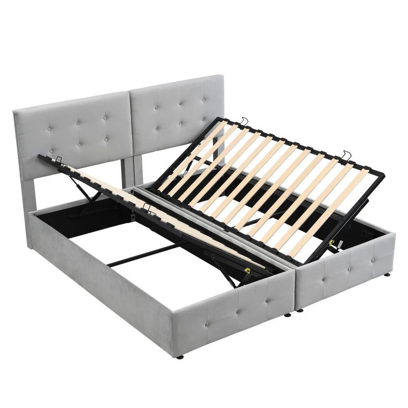 Velvet Upholstered Double Bed with Hydraulic Lift Storage Iron Frame Grey 197x181x105 cm