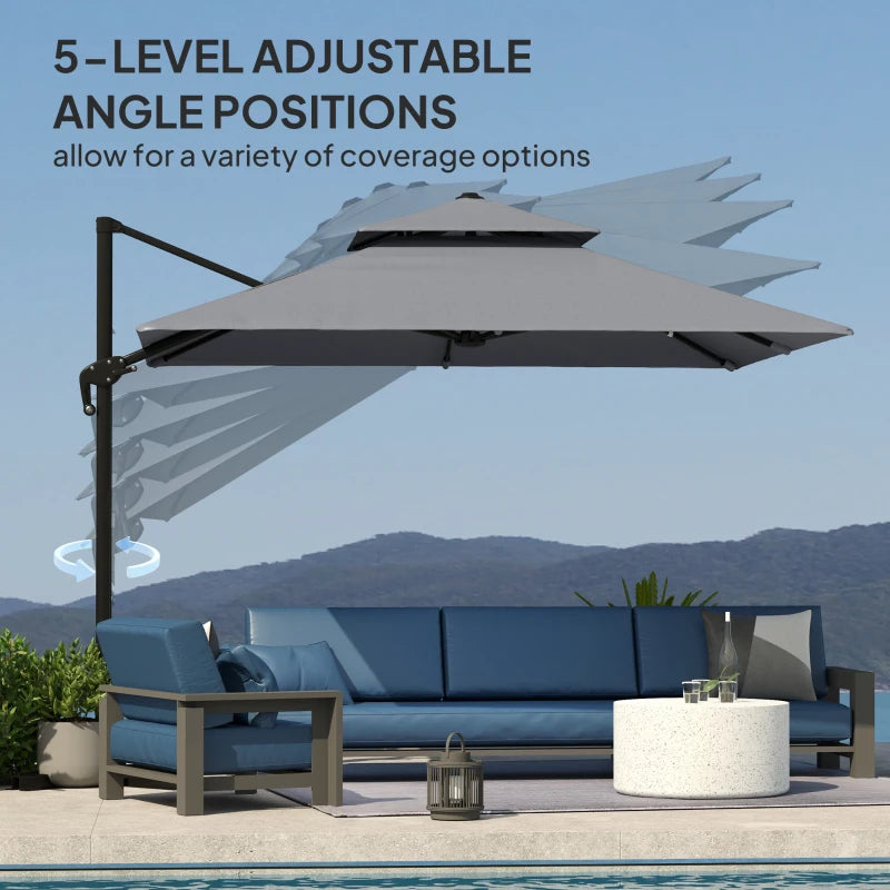 3 x 3m Light Grey Cantilever Parasol with Aluminium Frame, Crank and Tilt, 360° Rotation, Double Top Garden Umbrella with Base and Cover