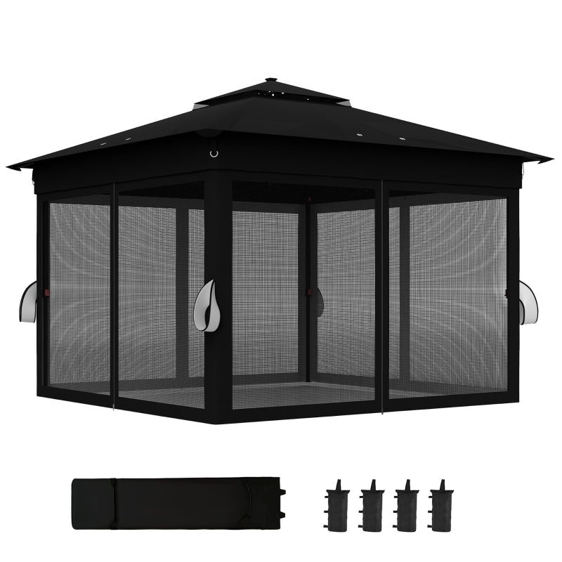 3m x 3m Black Pop Up Gazebo Party Tent with Solar-Powered LED Lights and Adjustable Netting