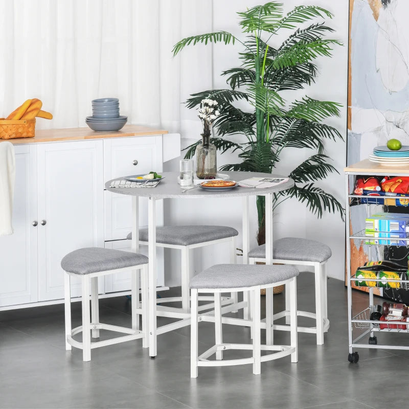 Modern Grey Round Dining Table Set with 4 Upholstered Stools - Stylish Kitchen & Dining Room Furniture