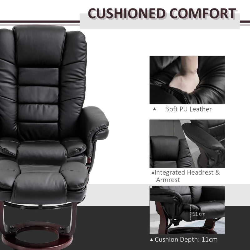 Ergonomic Recliner Chair with Footstool, 130kg Capacity, 135° Reclining Swivel Sofa for Living Room, Black PU Leather