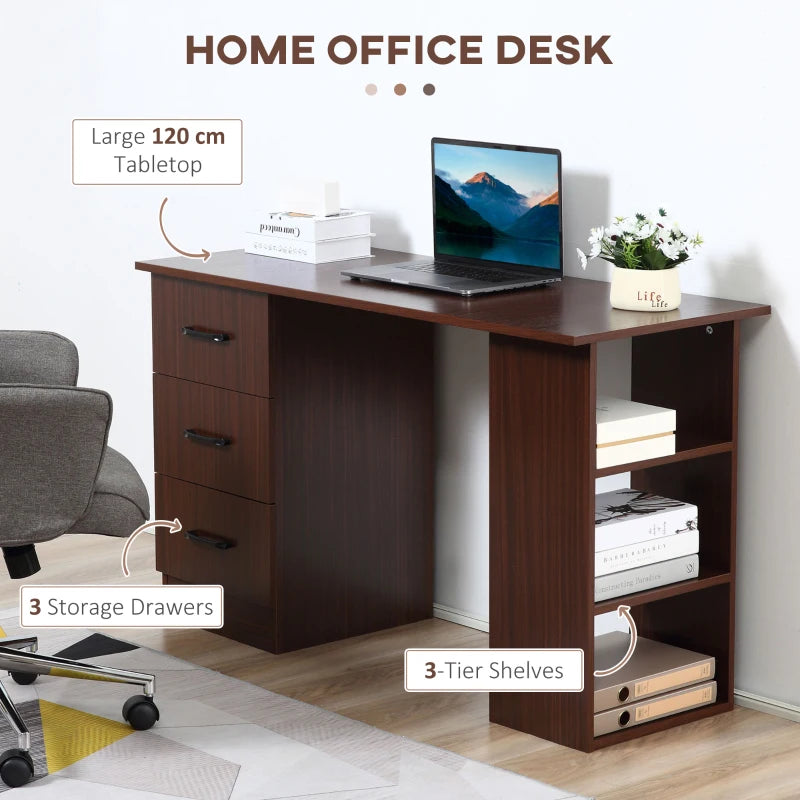 Walnut Brown Computer Desk with 3 Storage Shelves & Drawers - Stylish Writing Table for Home Office, Black Handle