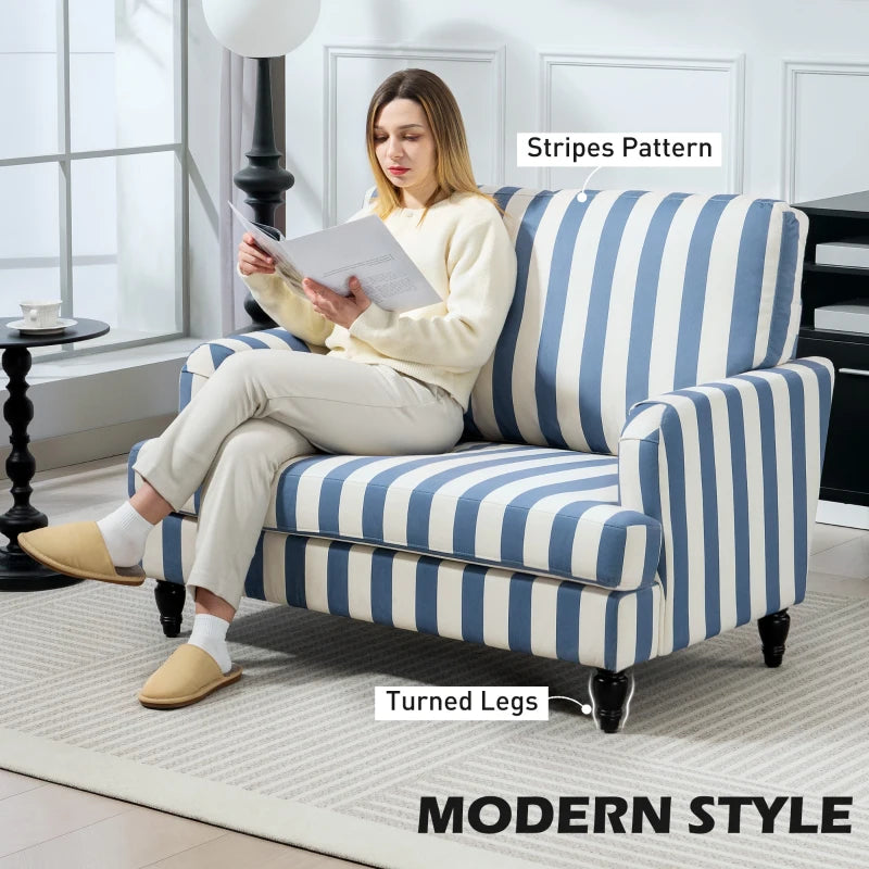 Velvet Cuddle Chair with Striped Design, Upholstered Snuggle Armchair for Living Room or Bedroom, Blue and White