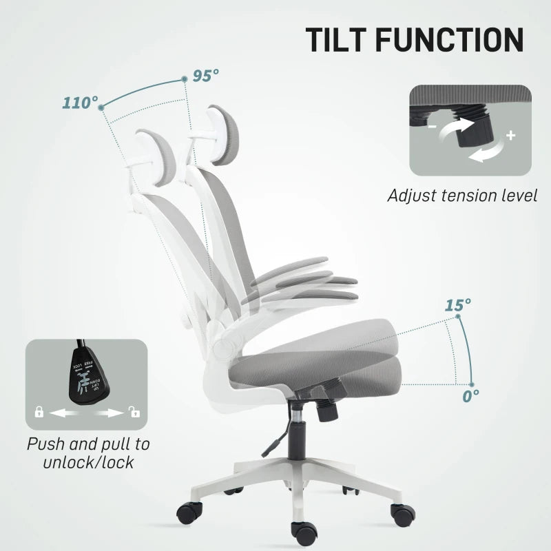Ergonomic Executive Office Chair - High Back Mesh Desk Chair with Flip-Up Armrests, Rotatable Headrest & Adjustable Lumbar Support - Grey
