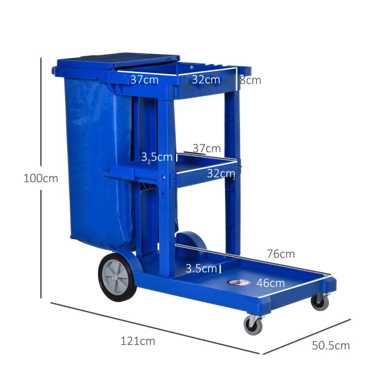 Blue Janitor Cleaning Trolley with Bin, Shelves & Hooks - Heavy-Duty Utility Cart for Efficient Cleaning Solutions