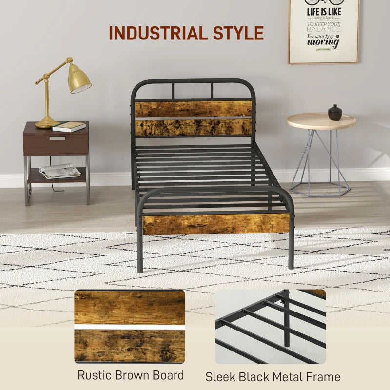 Industrial-Style Black and Brown Single Bed Frame - Sturdy Metal and Wood Design for Modern Bedrooms
