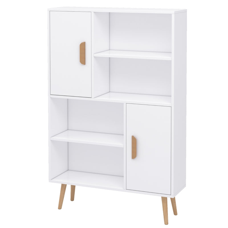 Modern White Sideboard Bookshelf - Free Standing Bookcase with Adjustable Shelves, Wooden Legs & Two Doors for Stylish Storage