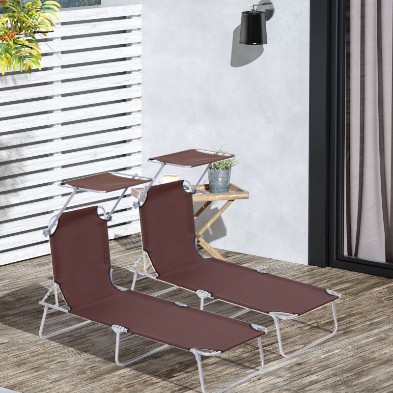 Brown Foldable Sun Lounger Set with Adjustable Backrest and Sun Shade Awning