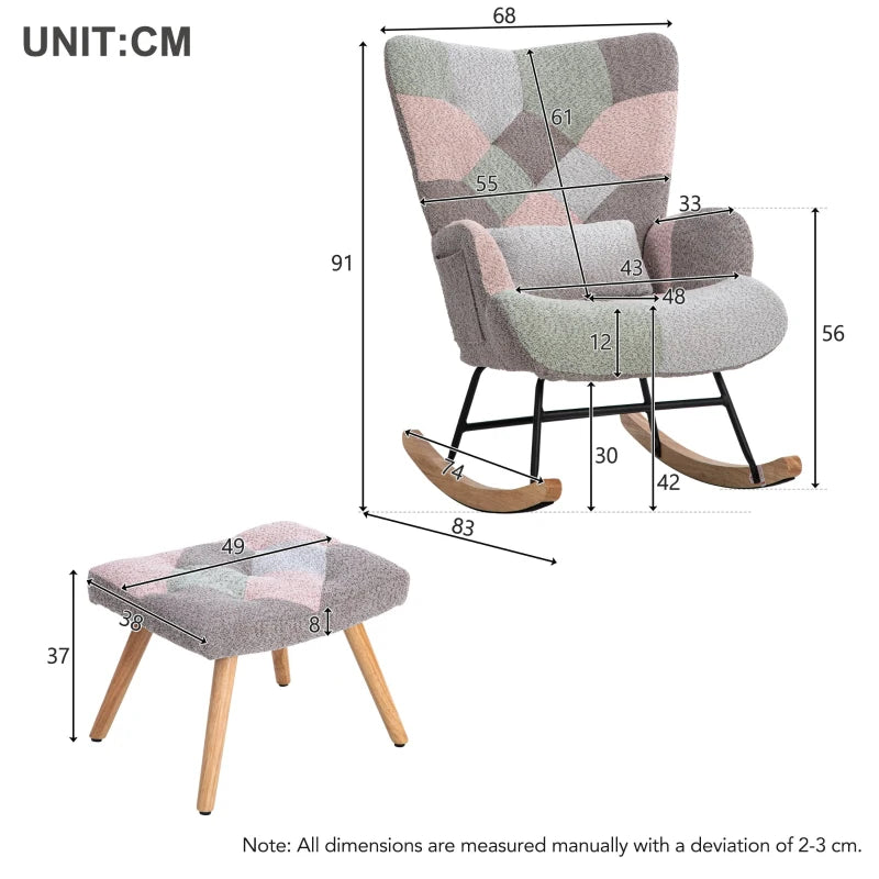 Stylish Rocking Garden Chair Set with Footstool and Pillow, Wingback Design, Solid Wood Legs, Blue and Grey