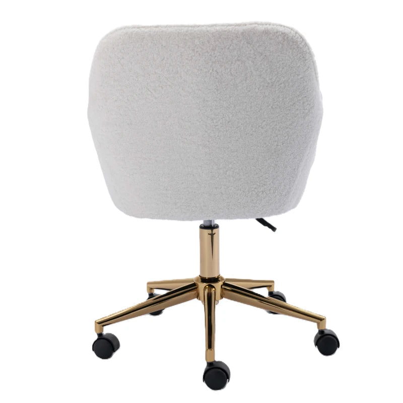 Adjustable Height Swivel Executive Office Chair with Gold Legs, Ergonomic Backrest, White Teddy Fabric, 58x58x86 cm