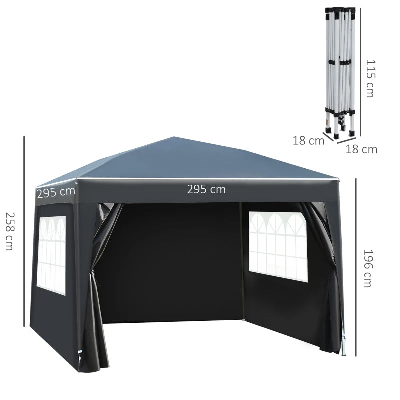 Black 3x3m Pop Up Garden Gazebo with Sidewalls and Windows