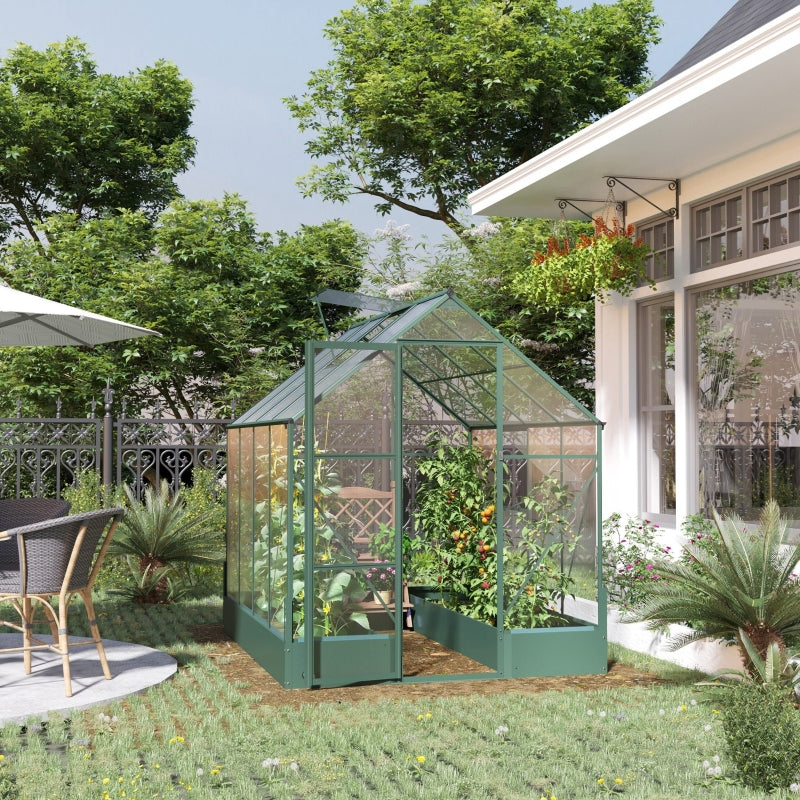 Green 6ft x 8ft Polycarbonate Greenhouse With Aluminium Frame and Temperature Controlled Window and Foundation