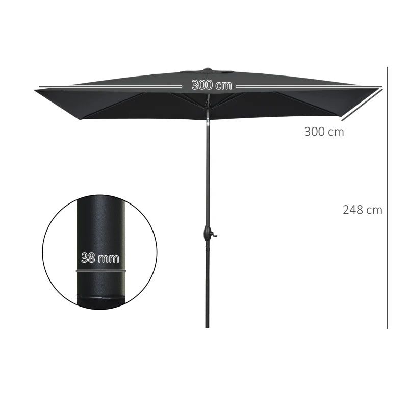 Black Rectangular Garden Parasol Umbrella, 2x3m, Crank Tilt, Aluminium Pole