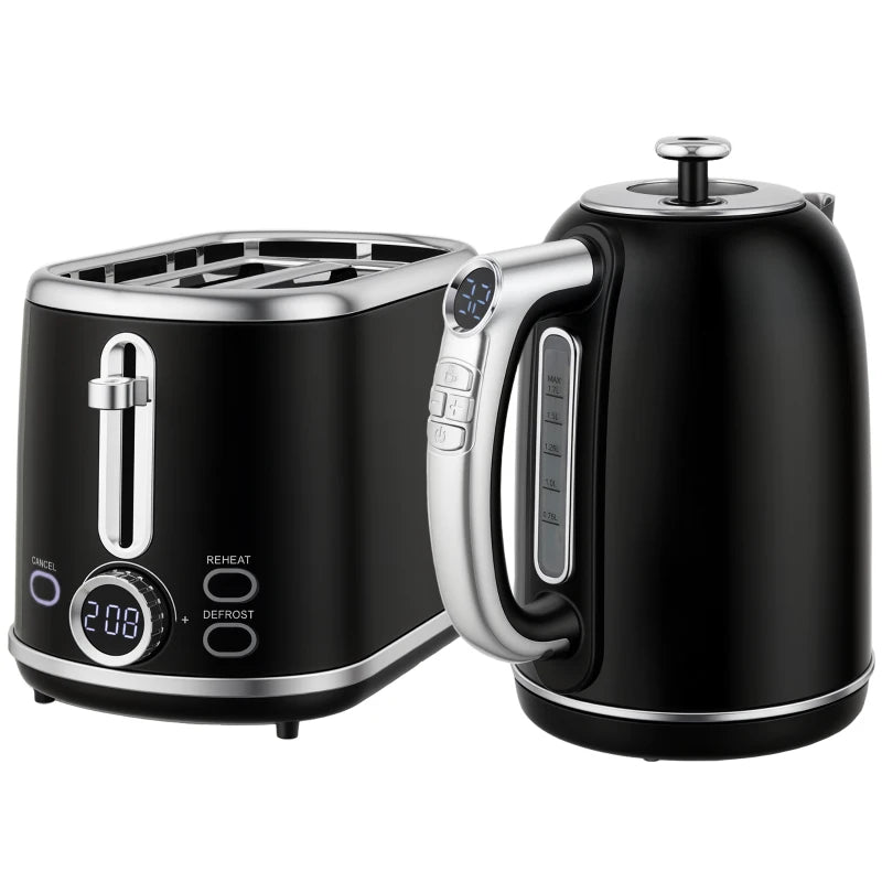 Polished Retro Black Kettle and Toaster Set - Stylish 40-100°C Temperature Control for Modern Kitchens