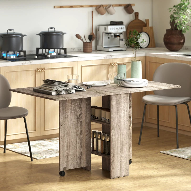 Folding Drop Leaf Dining Table with 2-Tier Shelves & Rolling Casters - Space-Saving Grey Table for Kitchen & Small Spaces