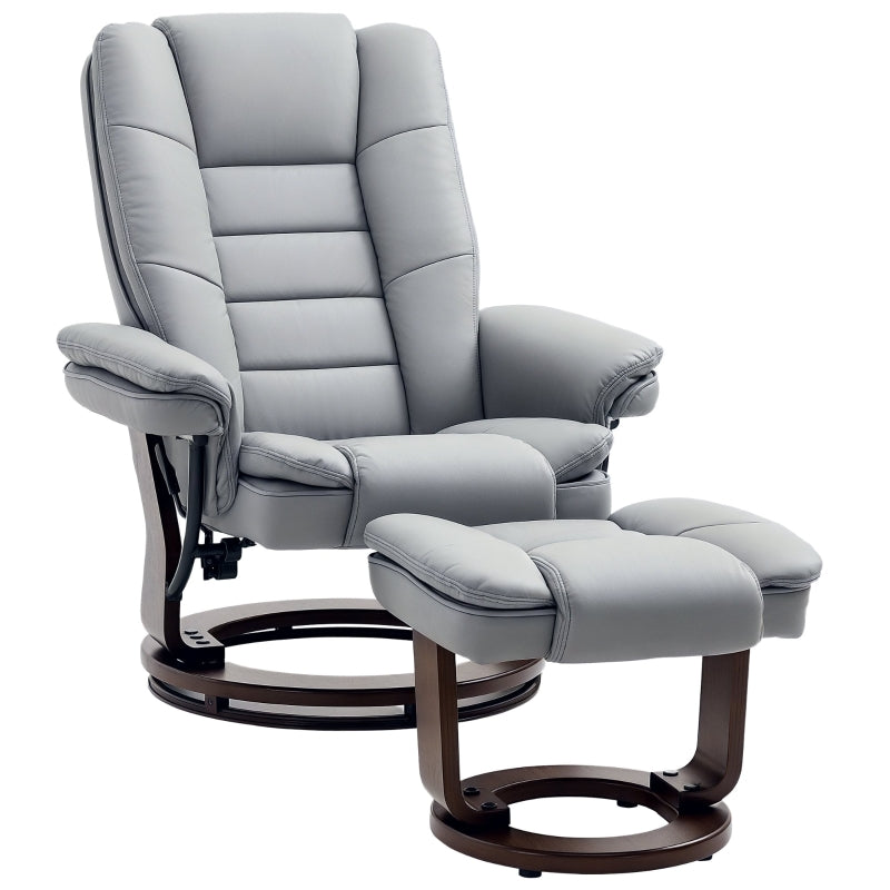 Ergonomic Recliner Chair with Footstool, 130kg Capacity, 135° Reclining Swivel Sofa for Living Room, Grey PU Leather