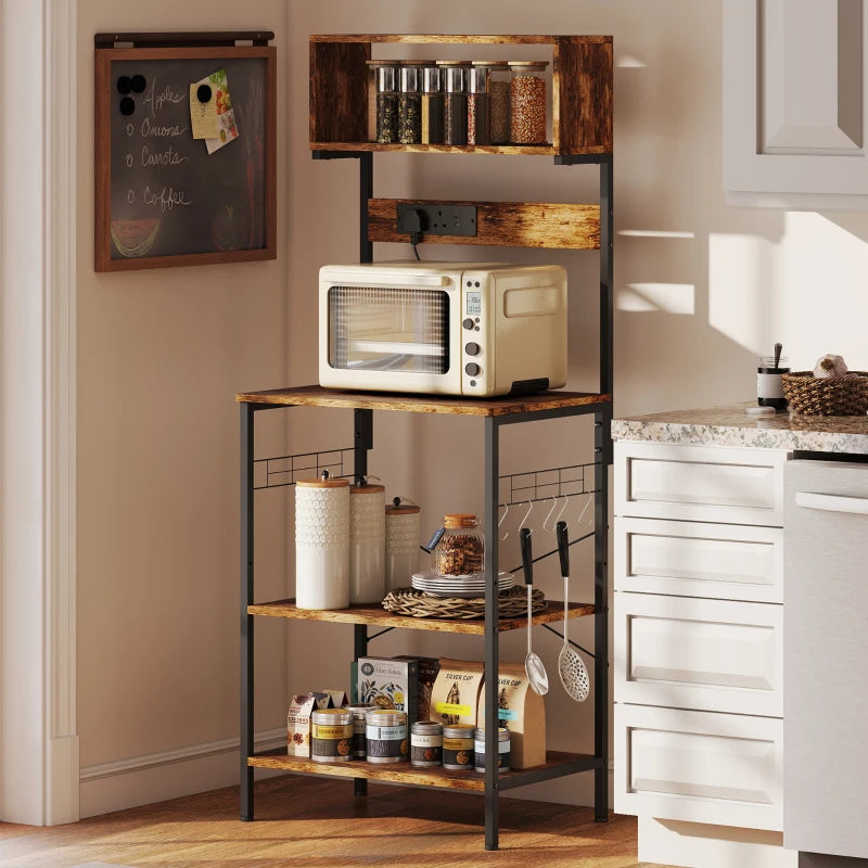 Rustic Brown Bakers Rack with Power Outlet & USB Charger - Adjustable Microwave Stand & Kitchen Storage Unit with 5 Hooks