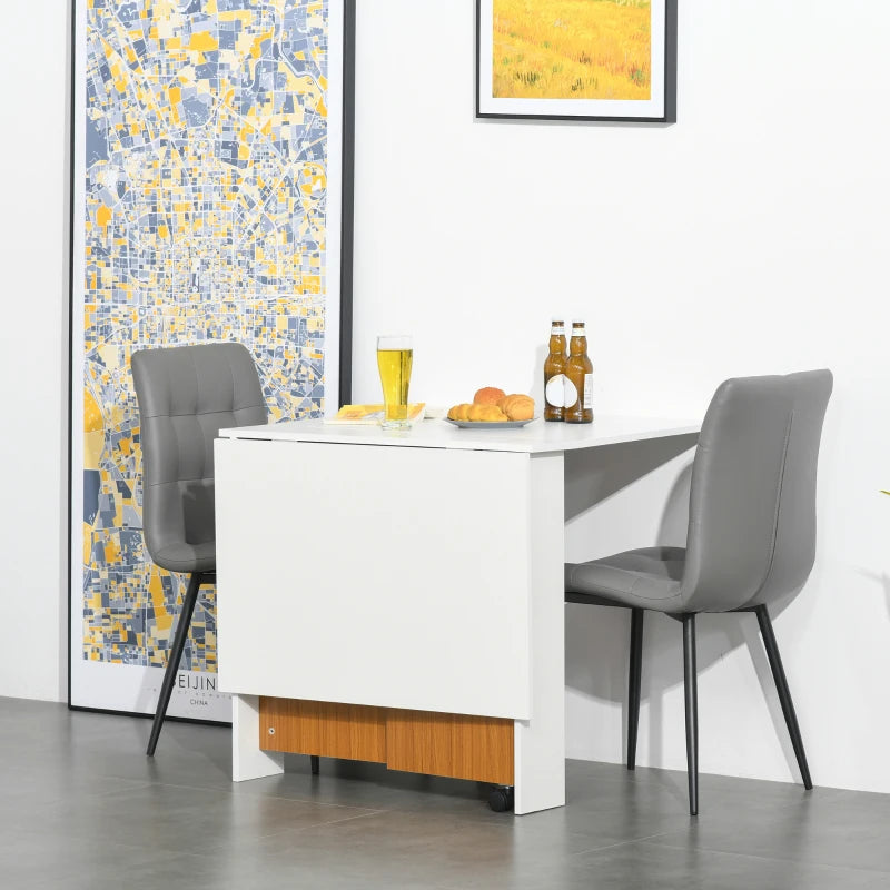 Folding Dining Table & Writing Desk Workstation on Casters - Teak & White Finish for Versatile Home Use