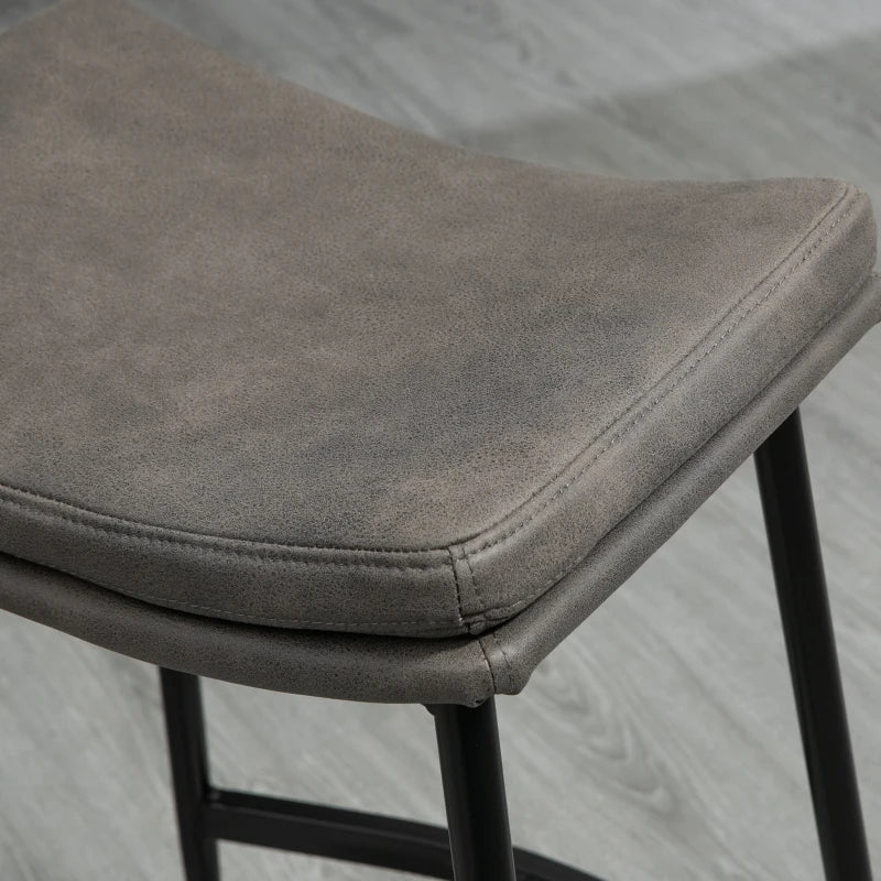 Set of 2 Grey Microfibre Upholstered Bar Stools - Industrial Curved Seat Design with Steel Frame for Kitchen & Dining Room