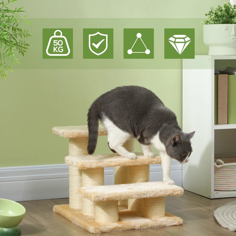 3-Step Pet Stairs Ladder for Cats & Dogs - Climb Easily to Cat Tree - Beige Pet Ramp