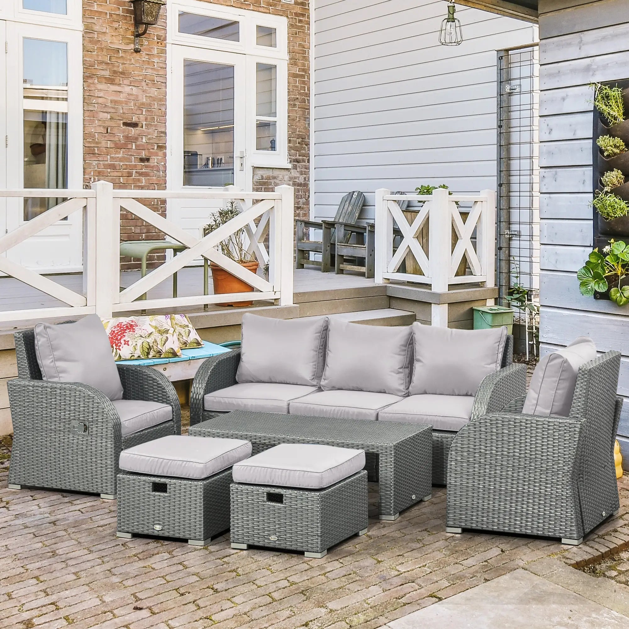 Light Grey 7 Seater Rattan Sofa, Coffee Table & Footstools