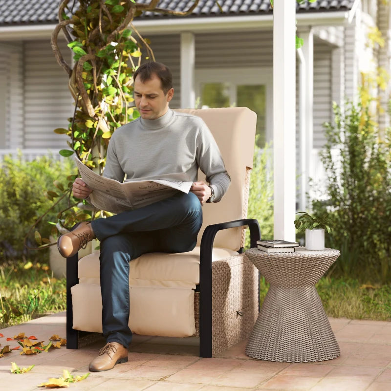 140° Reclining Rattan Armchair - Brown and Khaki Outdoor Lounge Chair for Comfort