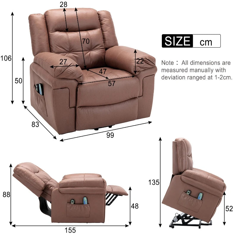 Power Lift Recliner Chair with Heating and Massage for Elderly, Soft Upholstery, Sturdy Frame, Brown, 99x83x106 cm