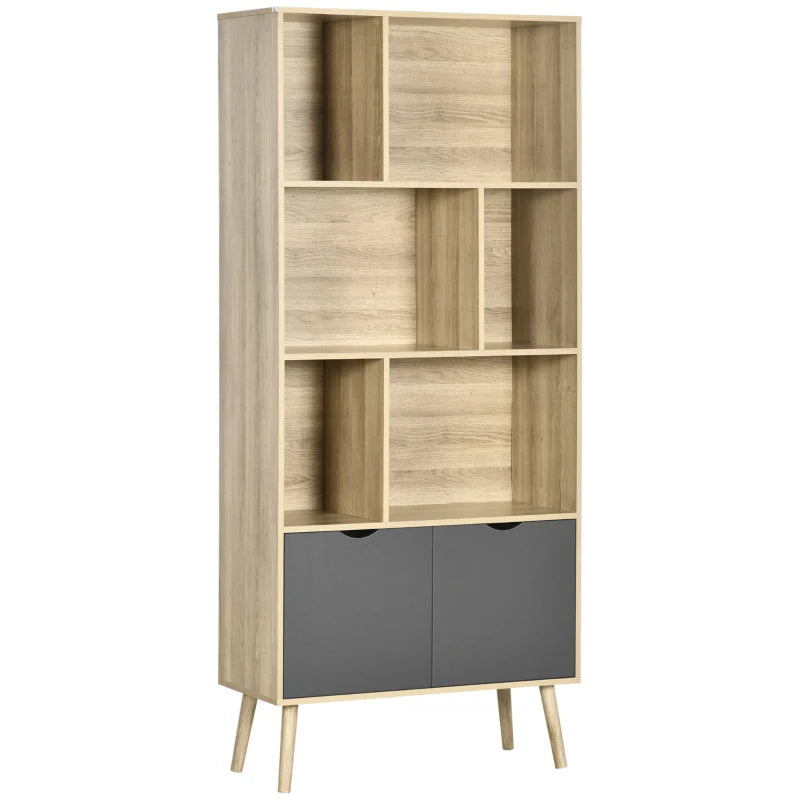 Modern Freestanding Bookcase with Bottom Cabinet & 6 Open Shelves - Stylish Natural & Dark Grey Bookshelf for Home Office & Living Room