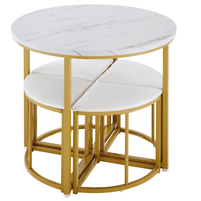 5-Piece Modern Marble Dining Table & Chair Set with Gold & White Semi-Circular Stools - Space-Saving for Apartments & Restaurants