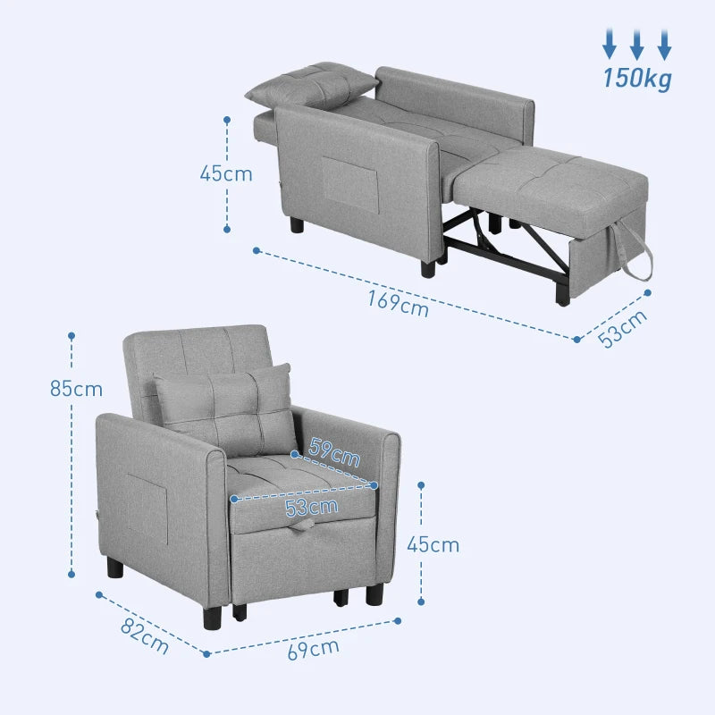 Light Grey Linen-Look Single Chair Bed for Compact Spaces and Versatile Use