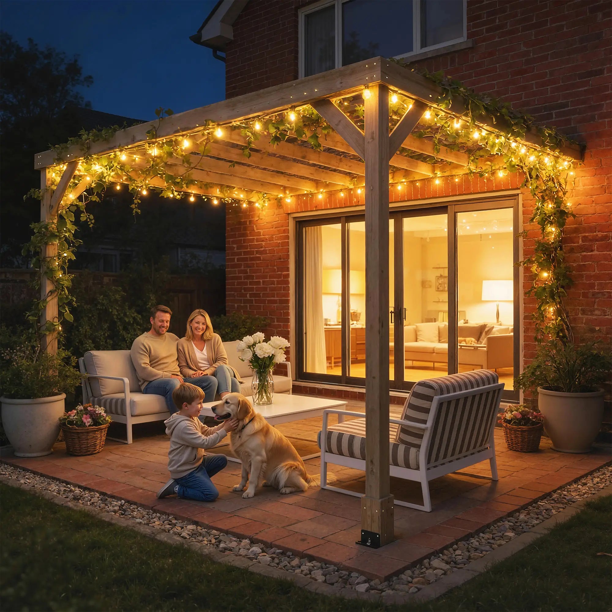 3x3m Lean-To Wooden Pergola Kit – Light Brown Decorative Garden Gazebo with Concrete Anchors & Stable Support Frame