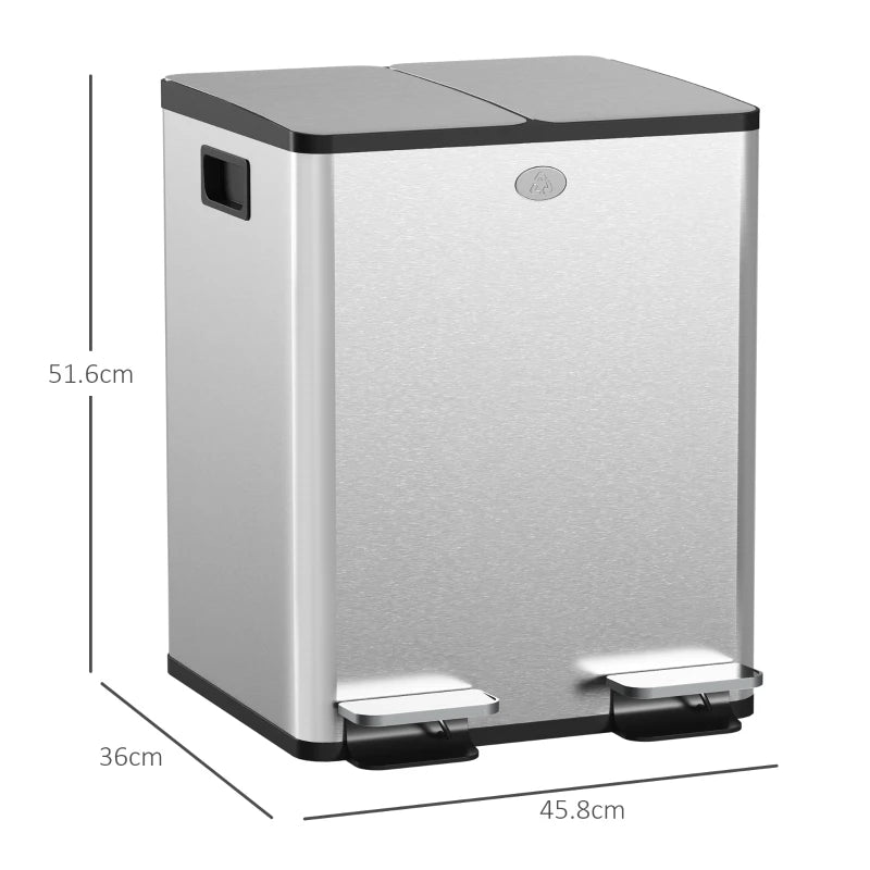 40L Dual Compartment Stainless Steel Trash Bin with Deodoriser Holders - Sleek Silver Tone for Kitchen & Office