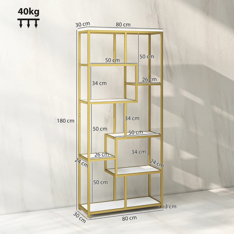 Unique Seven-Tier Geometric Bookcase in White and Gold Tone - Stylish Storage Solution for Modern Home Decor