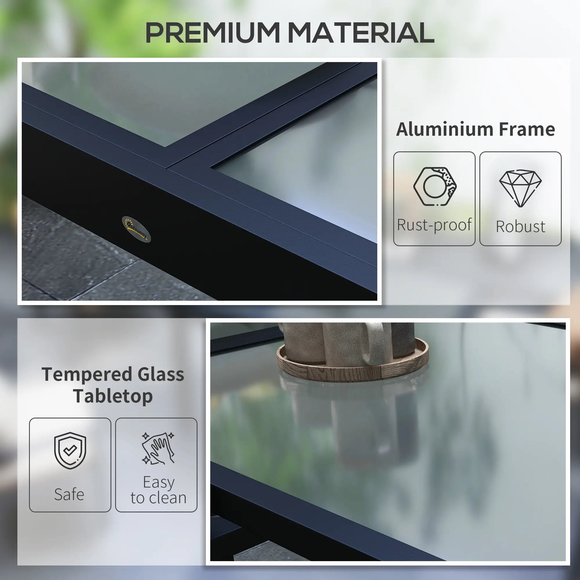 Black Frame Aluminium Extendable Garden Table - Tempered Glass Tabletop, 80/160 x 80 x 75 cm