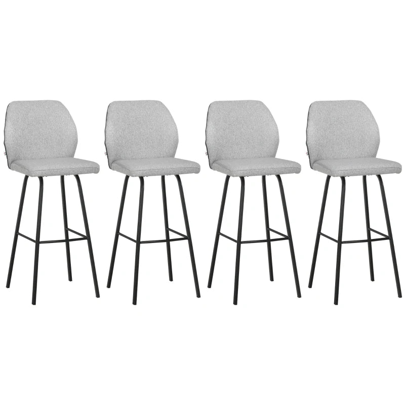 Set of 4 Linen-Touch Upholstered Bar Stools with Backs, Steel Legs - Light Grey Kitchen Chairs for Dining Room