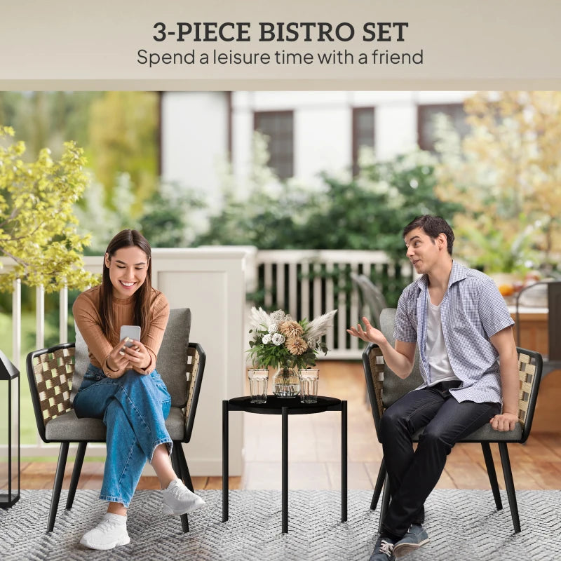 3 Piece Rattan Bistro Set with Cushions and Glass Top Table for Outdoor Patio