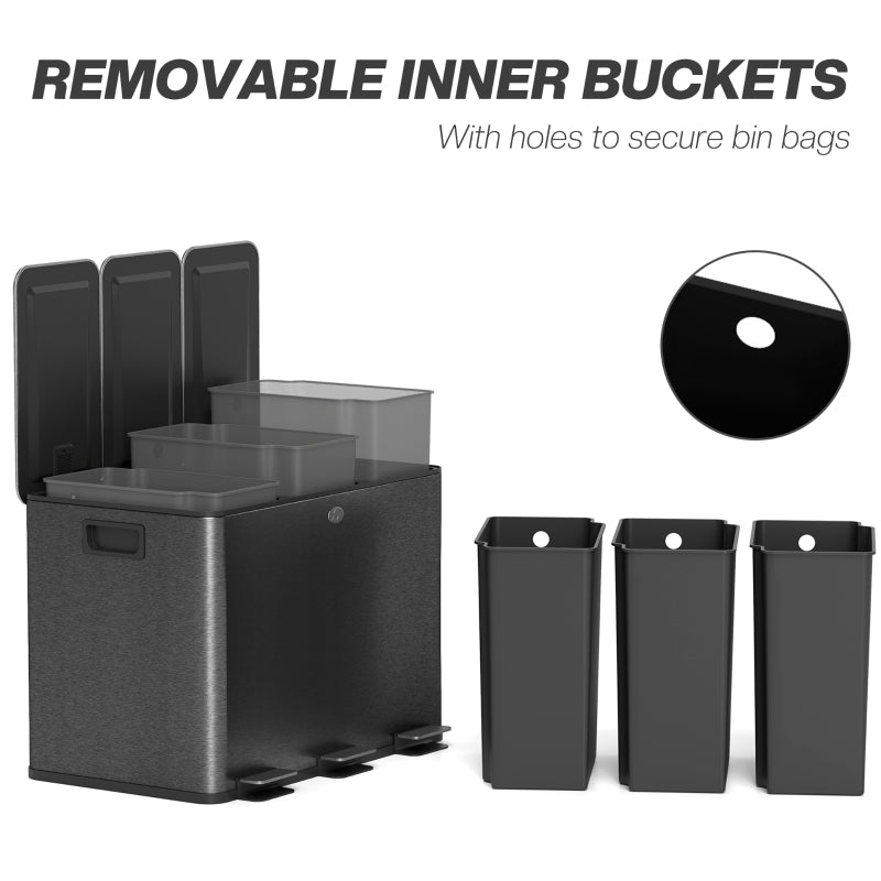 3 x 20L Steel Pedal Bin Set - Triple Kitchen Trash Can with Soft Close Lid, Removable Buckets, Fingerprint-Proof, Black
