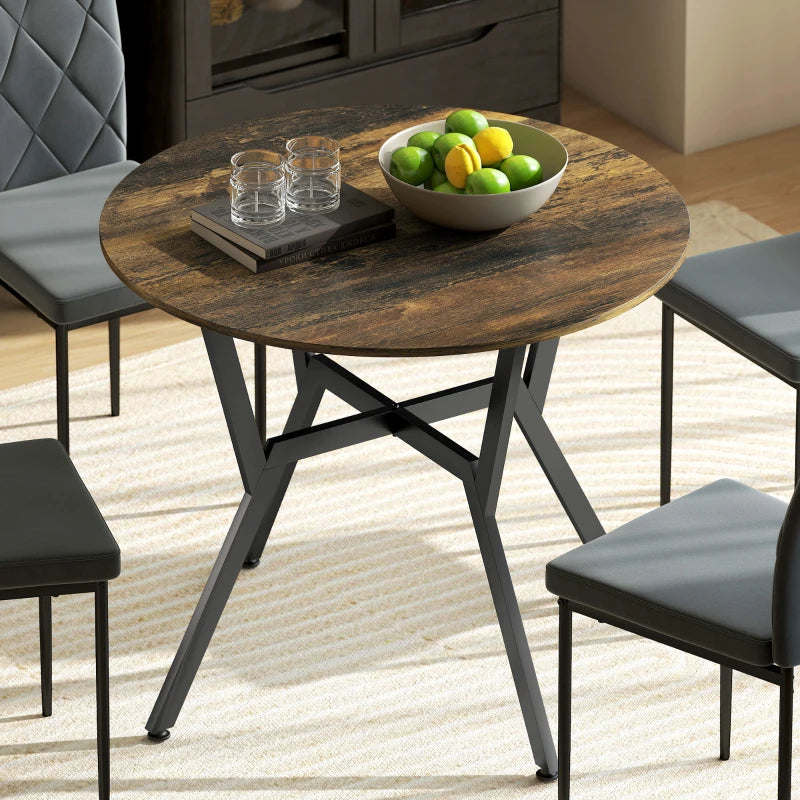 Rustic Brown Round Dining Table with Black Legs & Anti-Slip Foot Pads - 90 x 76 cm for Living Room & Kitchen