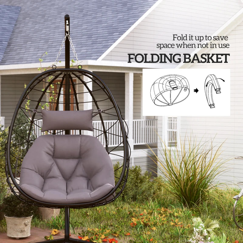 Hanging Egg Chair - Grey Outdoor Indoor Garden Swing Chair with Stand, Thickened Cushion & Headrest - Folding Basket for Patio & Balcony