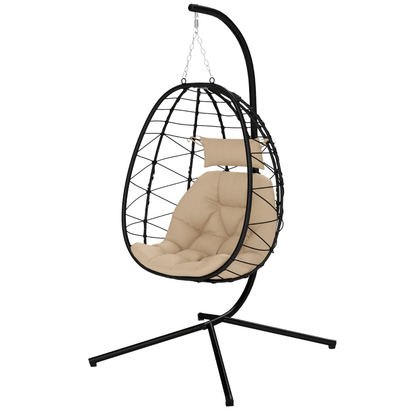 Hanging Egg Chair - Outdoor Indoor Garden Swing Chair with Folding Basket, Thickened Cushion, Headrest - Khaki - Perfect for Patio and Balcony