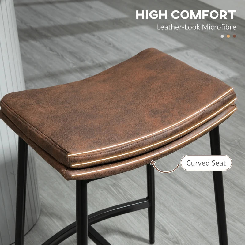 Set of 2 Microfibre Upholstered Breakfast Bar Stools - Industrial Curved Seat Bar Chairs with Steel Frame, Brown