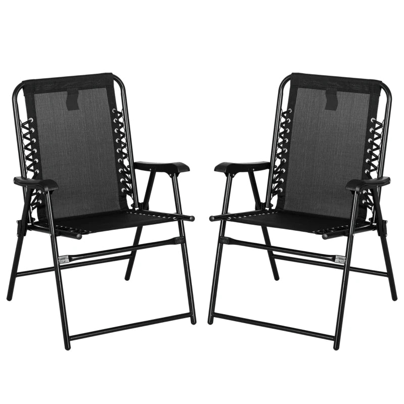 Black Folding Outdoor Patio Chairs Set, 2 Pcs, Armrests, Steel Frame