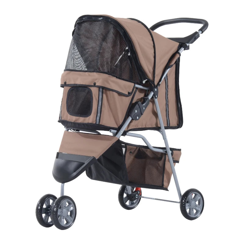 3 Wheel Pet Stroller for Small & Miniature Dogs - Brown Lightweight Dog Carrier with Canopy & Storage