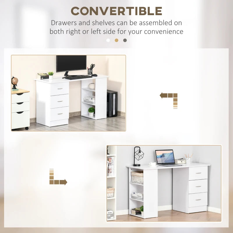 Modern White Computer Desk with 3 Storage Shelves & Drawers, Stylish Writing Table for Home Office, Silver Handle