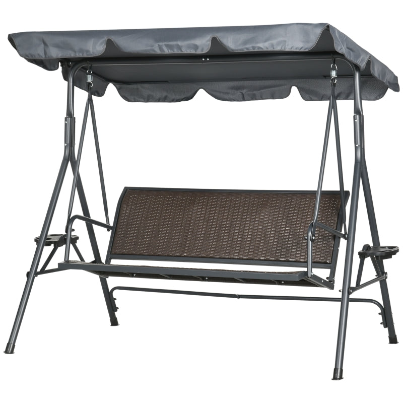 3 Seater Rattan Garden Swing Chair with Adjustable Canopy - Steel Frame