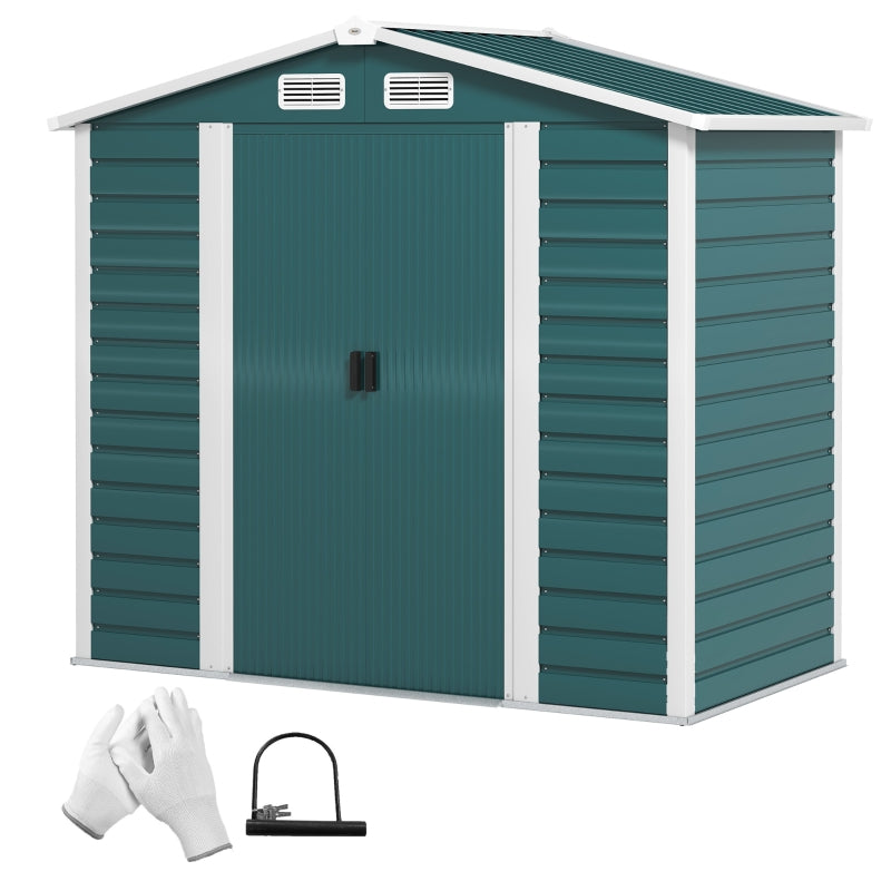 7ft x 4ft Green Metal Garden Shed - Easy Assembly, Galvanised Steel, Double Doors, Vents